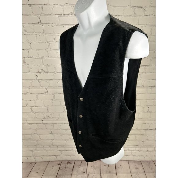 VTG IN PRIVATE Solid Black Genuine Leather Snap Down V Neck Western Vest Men’s L - Picture 3 of 10